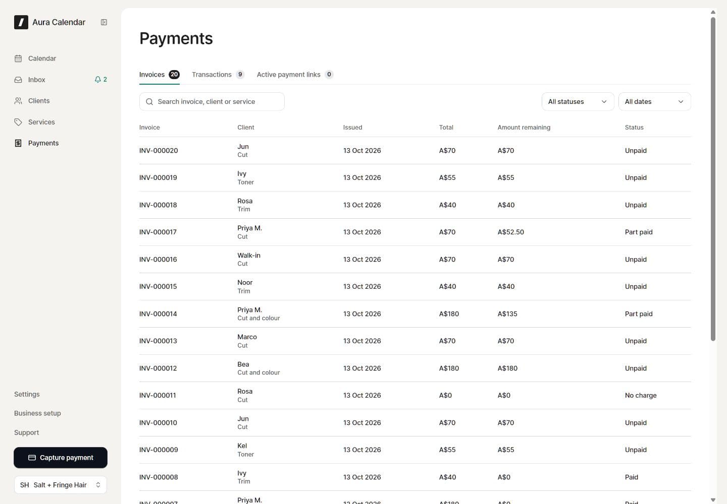 Aura payments screen