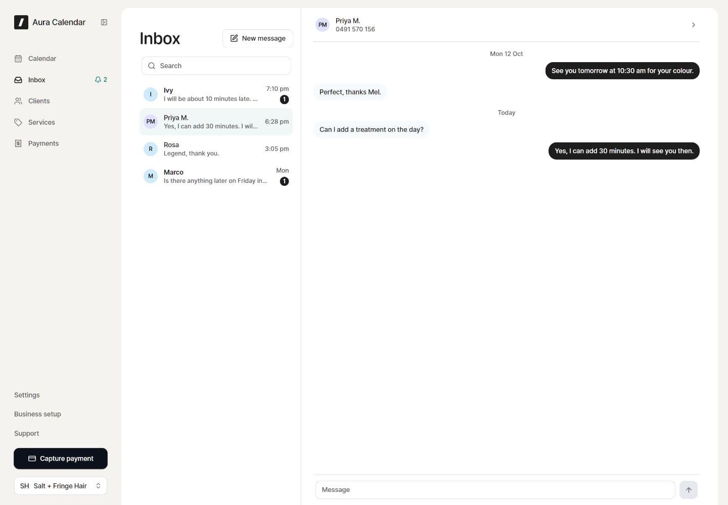 Aura messaging screen
